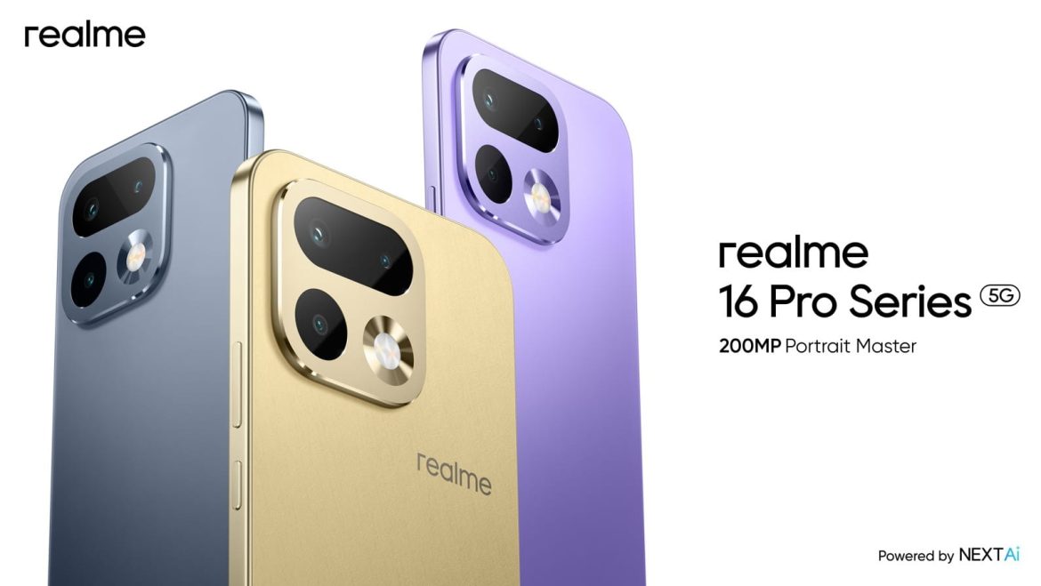 Trois nouveaux smartphones de la gamme realme 16 pro Series 5G, déclinés en bleu, or brossé et violet mat, mettant en avant leur module caméra principal sophistiqué encadré de métal texturé.