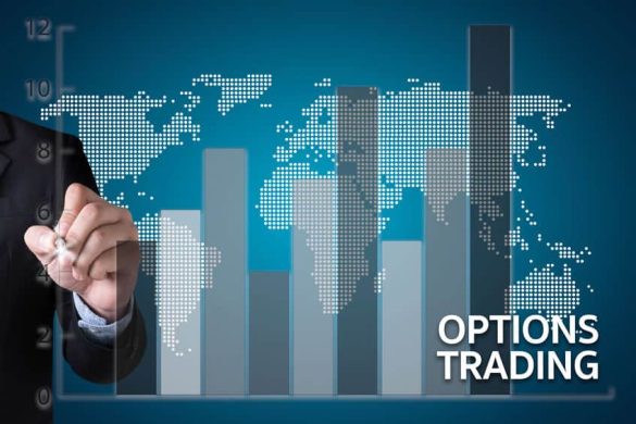 Graphique boursier mondial avec l'inscription options trading et un analyste pointant un écran.